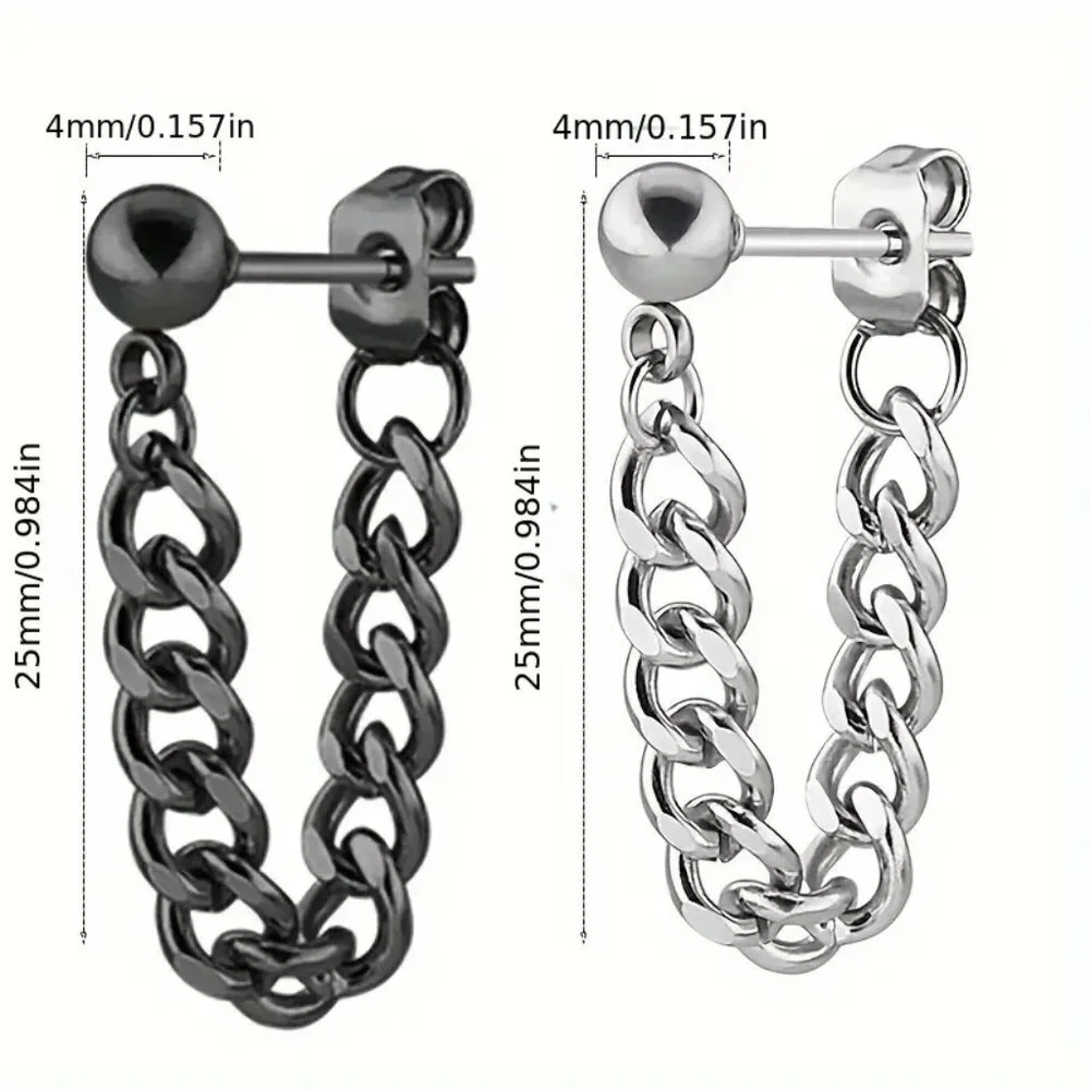 NEW 2 pairs - Punk Style Silver & Black Chain Dangle Earrings Stud Front